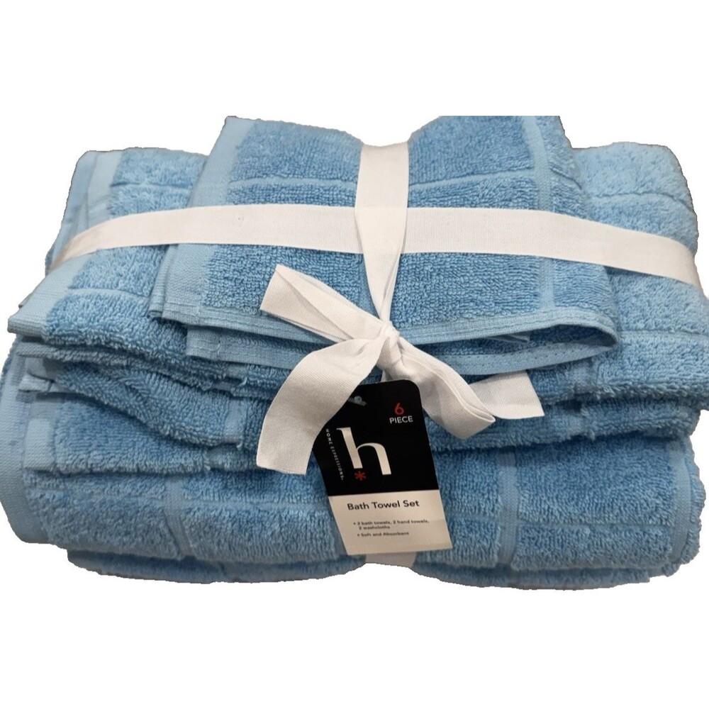 Home Expressions 6 Piece Bath Towel Set 100% Cotton Baltic Sky NEW